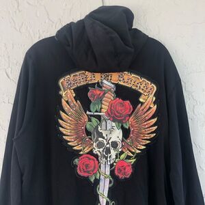 JADED BY NIGHT Full Zip Hoodie Bling Skull Rose Sword Wings Size Large